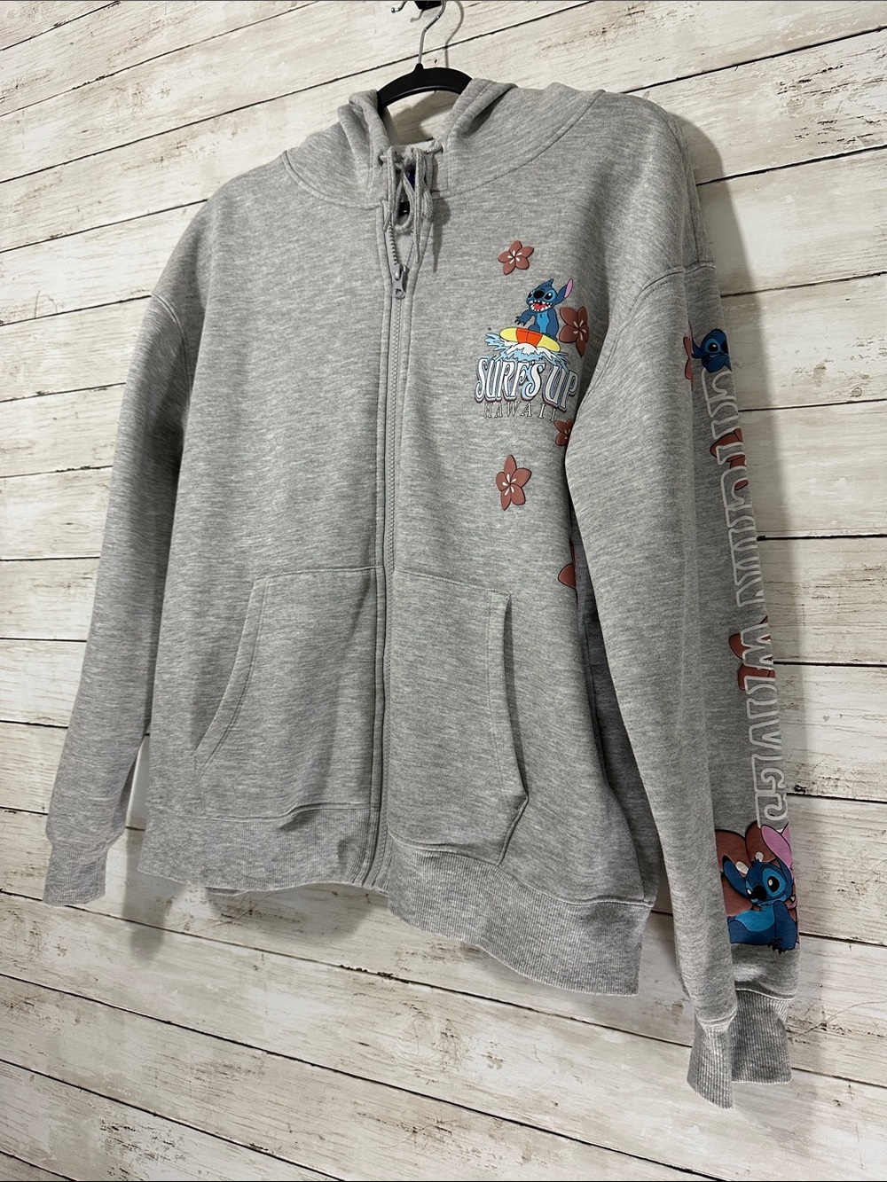 Disney Lilo & Stitch "Surf's Up Hawaii" Full Zip Graphic Hoodie Gray Large 12-14 - Picture 2 of 16